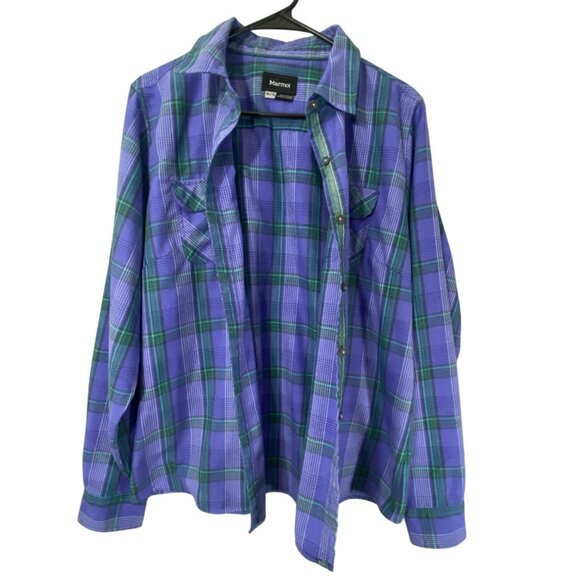 Marmot Woman's Plaid Button-Up Shirt XL in Purple & Green Long Sleeve - Picture 12 of 13